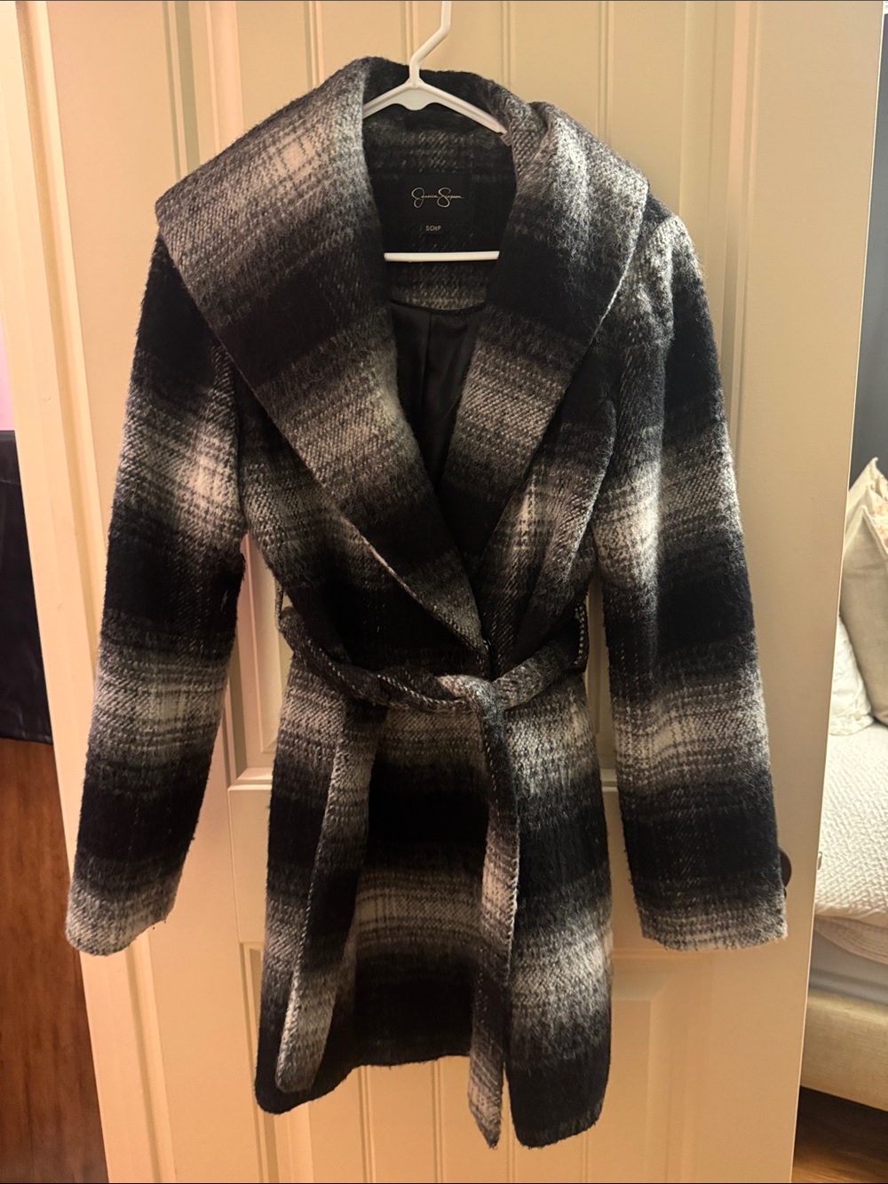 Jessica Simpson Women’s Black & Gray Plaid Wrap Coat with Belt